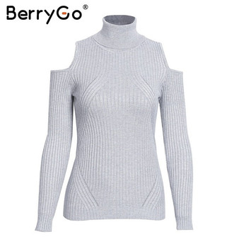 BerryGo Turtleneck cold shoulder pink knitted sweater Women casual cotton striped pullover Female elegant autumn winter jumper