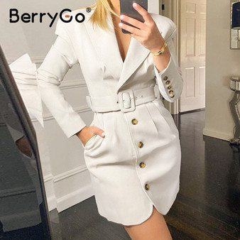 BerryGo White autumn winter office dress Causal office ladies straight suit dress Tailored collar pleat soft work dress