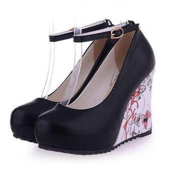 Sgesvier large Sizes 34-43 Wedges High Heels Party wedding Pumps shoe Flower Print Platform Ankle-Strap Women Shoes Woman pumps