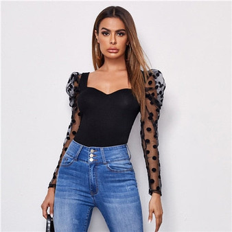 SHEIN Sweetheart Neck Polka Dot Flocked Mesh Gigot Sleeve Top Women Autumn Tees Solid Slim Fitted Elegant T-shirts