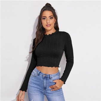 SHEIN Lettuce Trim Cable Knit Crop Top Women Autumn Long Sleeve Stand Collar Solid Slim Fitted Casual T-shirts