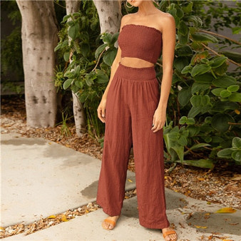 SHEIN Green Shirred Tube Crop Top and Long Crinkle Pants Set Women Solid 2 Piece Set Autumn Bohemian Two Piece Sets