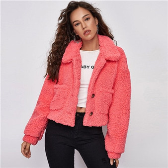 SHEIN Drop Shoulder Patch Pocket Teddy Jacket Women Winter Long Sleeve Collared Button Front Crop Outwear Casual Jackets