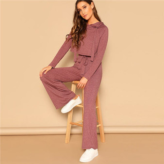 SHEIN Drawstring Crop Hoodie And Pants Set 2 Piece Outfits For Women Spring Casual Long Sleeve Crop Top Wide Leg Pants Sets