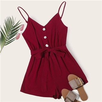 SHEIN Button Front Belted Slip Romper Women Summer Playsuit Sleeveless High Waist Wide Leg Cami Solid Casual Rompers