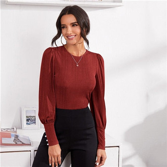 SHEIN Buttoned Cuff Rib-knit Top Women Round Neck Bishop Sleeve Tee Autumn Solid Slim Fitted Office Lady Elegant T-shirts