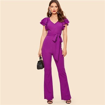 SHEIN Purple Layered Sleeve Belted Flare Leg Plain Jumpsuit 2019 Spring V Neck High Waist Butterfly Sleeve Workwear Jumpsuits