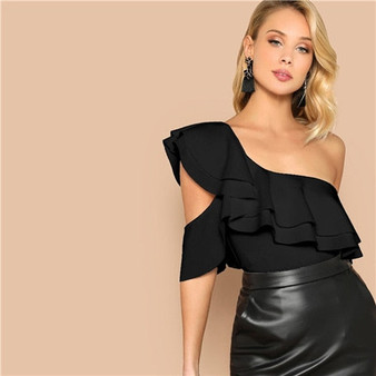 SHEIN Sexy Layered Ruffle One Shoulder Mid Waist Skinny Backless Bodysuit Women Summer Short Sleeve Solid Club Bodysuits