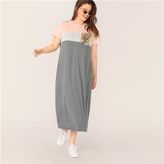 SHEIN Plus Size Multicolor Sequin Pocket Patched Colorblock Tunic Long Dress Women Summer Straight Plus Casual Shift Dresses