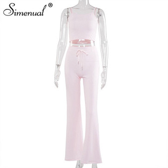 Simenual Ribbed Casual Solid Women Matching Set Strap 2020 Summer Fashion Bodycon 2 Piece Outfits Camis And Wide Leg Pants Sets