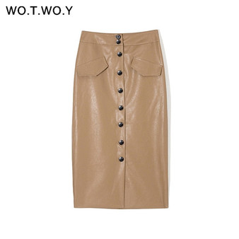 WOTWOY Elengant High Waist Leather Penci Skirt Women Multi Button Wrapped Skirts Mujer Faldas Solid Pockets Femme Jupes New 2020