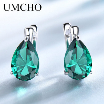 UMCHO Luxury Nano Gemstone Blue Topaz Clip Earrings For Women 925 Sterling Silver Clip On Earrings Water Drop Fine Jewelry Gift