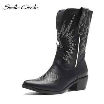Smile Circle Embroidered Western Cowboy Boots Women Genuine Leather Square-Med Heels Pointy-Toe Knee High Boots Ladies Shoes