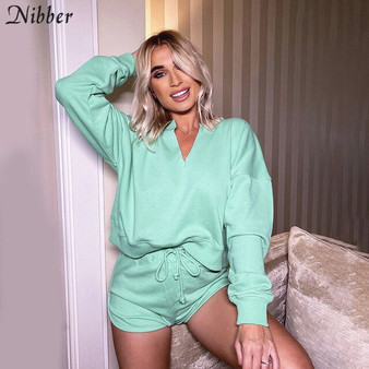 Nibber Autumn Loose Activity Clother Woman Solid Casual Tracksuit  2020 Long Sleeve Tops & Biker Shorts Basic Fitness 2Piece Set