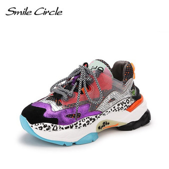 Smile Circle Women shoes Flat Platform Sneaker casual Genuine Leather Patchwork Lace-up Thick bottom Ladies Sneaker