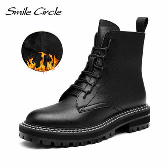 Smile Circle Ankle Boots Motorcycle Boots Soft Split Leather Women Female Autumn Lace-up Winter Shoes Woman  Boots