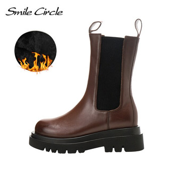 Smile Circle Autumn Slip-on Chelsea Boots Women Genuine Cow Leather fashion Round-toe Flat Platform Boots Lady shoes