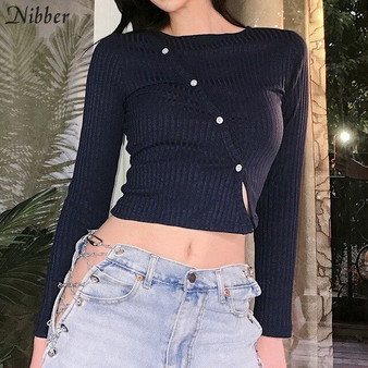 Nibber Bodycon Knitting Woman Buttons Tshirt Korean Autumn Soft Ribbing Streetwear Simple Activity Crop Top Casual Wear 2020 New