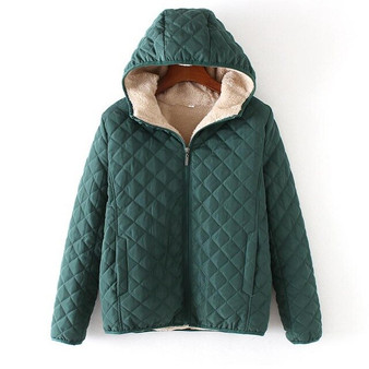 FTLZZ Winter Casual Short Cotton Coats Women Hooded Diamonds Partern Artificial Fleece Inside Outwear Femme Slim Overcoat