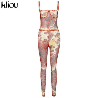 Kliou Mesh Print Strap Bodycon Womens Jumpsuits 2020 Fashion New Sleeveless Backless Skinny Party Clubwear Hot Sexy Rompers