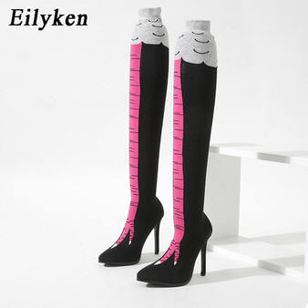 Eilyken 2021 New Sexy Pink Mixed Colors Club Over-the-Knee Heel Thigh High Pointed Toe Woman Boot Stretch Fabric Sock Boots
