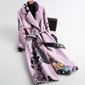 Elegant Winter Long Woolen Warm Real Fur Plus Size Coat Printing Thick Turn-down Collar Slim Jackets High Quality Lilac Outwear