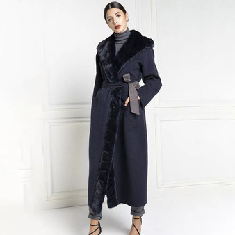 TOPFUR New Gray Nizi Coat With Belt Real Fur Coat Women Winter Nizi With Mink Fur Collar Slim X-Long Clothing Lapel Collar