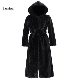 Faux fur coat long Winter Thicken White  Coat Lace-up Solid Color Slim Long Plush Faux Fur Hooded Warm Jacket new fashion 1