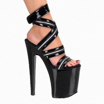 Roman Hollow Elegant Concise Patent leather Black Sandals 8 inches Open Toe Props Sexy Fetish 20CM Models Party Dress New style