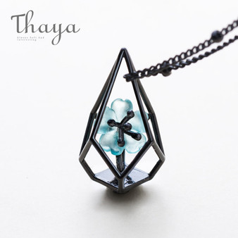 Thaya Blue Flower Terrarium Chain Necklace Black s925 silver Blue Crystal Flower Pendant Necklace Elegant Jewelry for Women