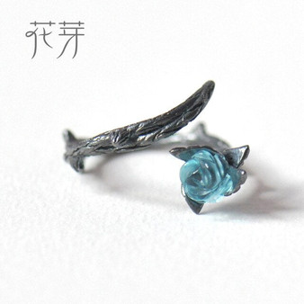 Thaya Rose Thorns s925 Silver Rings Blue Crystal Rose Flower Vintage Plant Valentine's Gift for Women Knot Black Fine Jewelry
