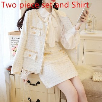 2020 Autumn Tweed Women 2 Piece Outfits Set Fashion Gold Button Long Sleeves Woolen Tweed Jacket Coat+Elegant A-Line Skirt Suits