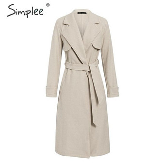 Simplee Wool blend winter tweed coat women Long sleeve elegant sash belt female outwear coat Autumn winter streetwear coat