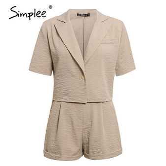 Simplee Casual two-piece women blouse shorts set Short sleeve button zippers female suits Spring summer ladies top shorts sets