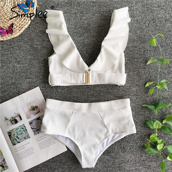 Simplee casual solid white ruffles bikini women bikini set sash high waist bikinis 2 pecs summer beach swimwear biquini mujer