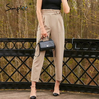 Simplee  fashion women casual pant Autumn high waist ruffled trousers Chic streetwear  belt decoration ladies work pants 2020