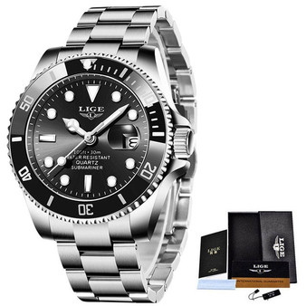 LIGE mens watches top brand luxury fashion business watch men's stainless steel waterproof Wristwatch Relogio Masculino+Box