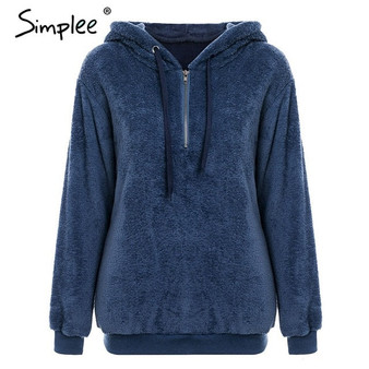 Simplee Hooded coral fleece women pullover sweatshirt women Zipper warm solid long sleeve hoodies Casual loose plus size coats