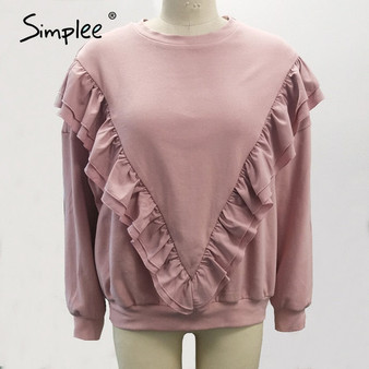 Simplee Drop-shoulder sleeve ruffled sweatshirt women Casual loose pink pullover autumn 2020 Short crewneck pullover for female