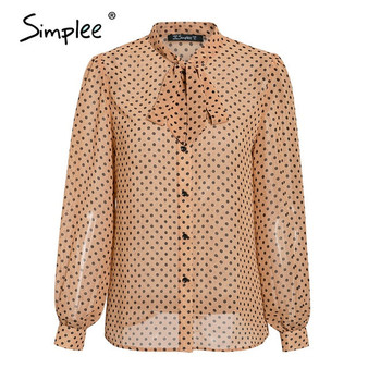 Simplee Vintage polka dot long sleeve women blouse shirt Casul spring neck tie blouse Elegant work wear loose female office top