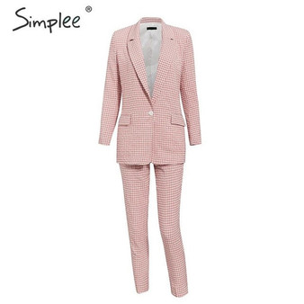 Simplee Casual women pink plaid blazer Autumn single breasted long sleeve female office pants blazer suits Winter ladies outwear