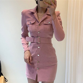 Colorfaith New 2019 Fall Winter Women Dresses Buttons Solid Multi Colors Package Hip Lace Up Casual Pockets Ladies Dress DR255