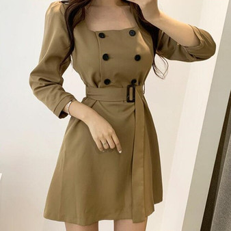 Colorfaith New 2019 Autumn Winter Women Dresses Double Breasted Sashes Lace Up Korean Style Elegant Casual Mini Dress DR773