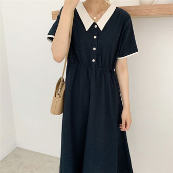 Colorfaith New 2020 Women's Summer Dress Casual High Waist Turn-down Collar Single Breasted Vintage Patchwork Long Dress DR7914
