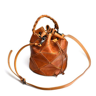 PNDME fashion genuine leather ladies stitching geometric bucket handbag retro real cowhide women's small shoulder messenger bag