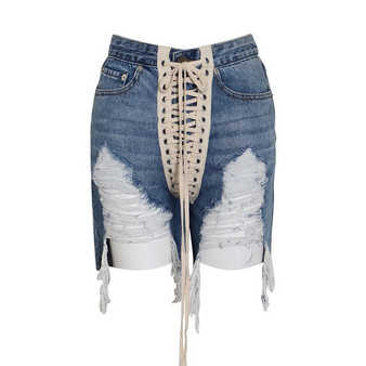 TWOTWINSTYLE Hole Tassel Denim Shorts For Women High Waist Lace Up Bowknot Streetwear Shorts Female 2020 Summer Fashion New