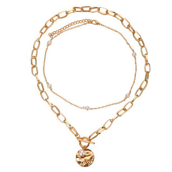 2PCS Necklace Women White Pearl Bead Choker + Coin Chain Golden Color Necklace Multilayer Pendant Necklaces Jewelry Accessories