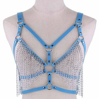 Goth Leather Body Harness Chain Bra Sexy Lingerie Body Jewelry for Women Metal Tassel Chest Chain Belt Breast Bra Accessories