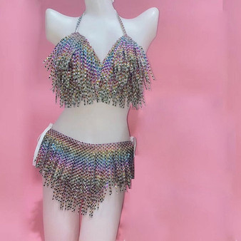 Shining Multicolor rhinestone tassel bikini Nigthclub bar Festival rave Outfit wig singer DJ DS gogo Stage dance costume