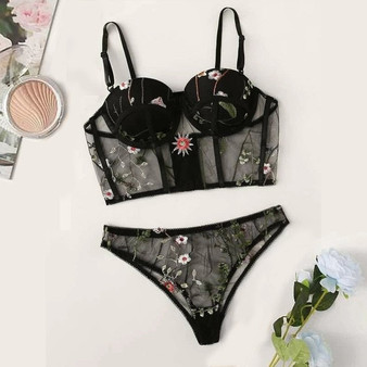Sexy Backless Bra And Panty Set Lace Floral Embroidery Mesh Underwire Lingerie Set Push Up Underwear Briefs Women Lingerie Sets